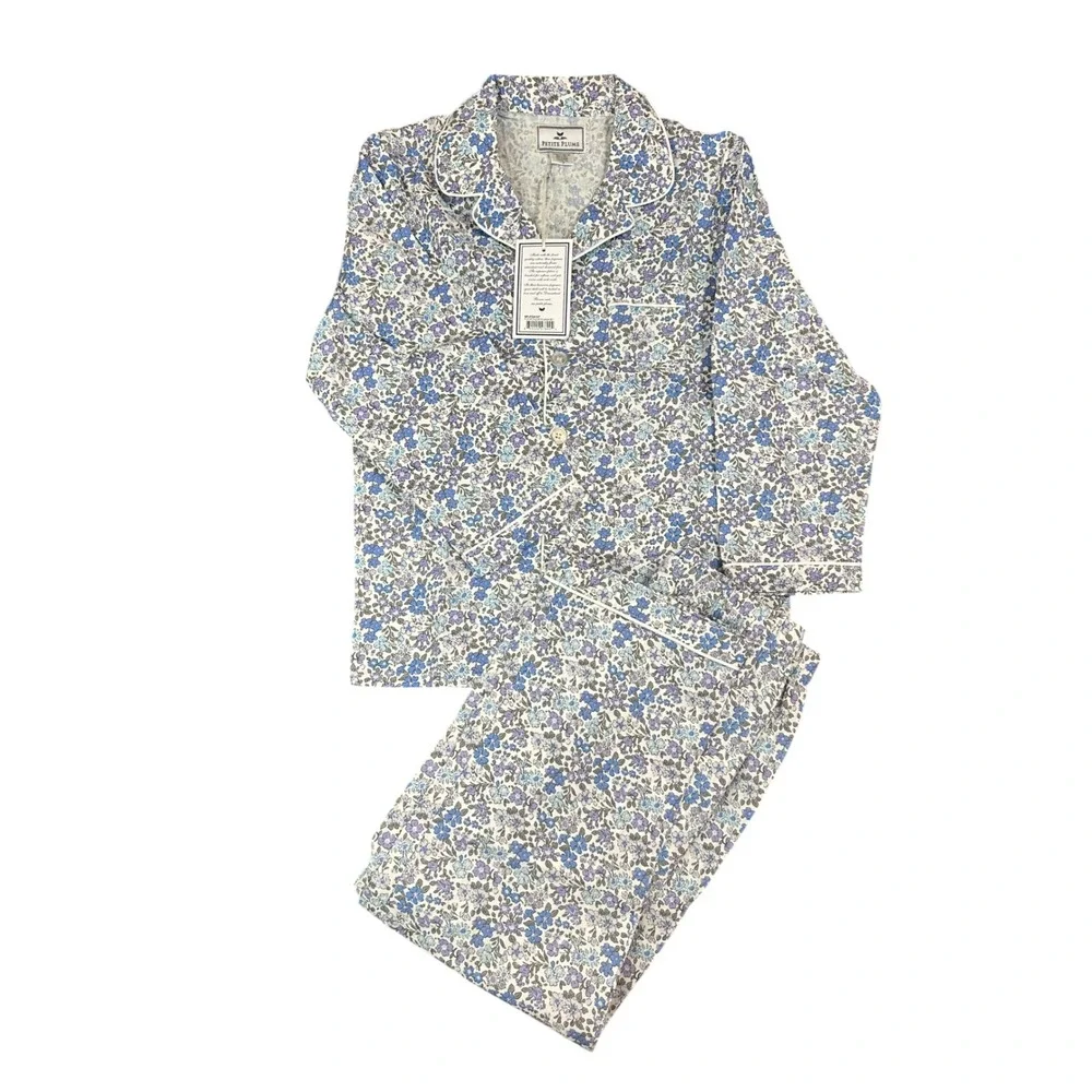 Petite Plume Fleur D'Azur Pajama Set Blue Floral Cotton Kids Size 7 SPJFDA107